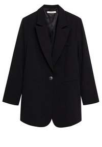 Blazer noir à un seul bouton avec revers à cran, deux poches avant, manches longues et doublure intérieure lisse.