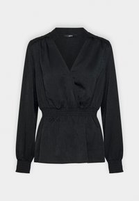 Blouse noire à manches longues avec un décolleté en V, taille cintrée et tissu texturé. Présente des poignets élastiques et un tissu doux et fluide.