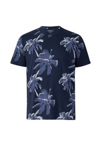 Granatowa bawełniana koszulka, z białym i jasnoniebieskim wzorem palm, klasyczny okrągły dekolt i krótkie rękawy.
