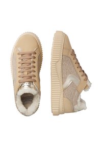 Beige sneakers featuring leather and knit textures, round toe, thick ridged sole, plush lining, and metallic accents on the sides.