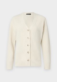 Cardigan a coste color crema con scollo a V, maniche lunghe e cinque bottoni frontali. Tessuto morbido con una silhouette aderente.