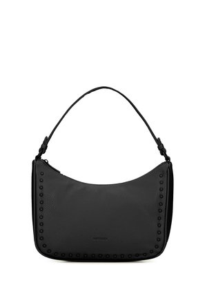 Zwarte leren schoudertas met afgeronde rechthoekige vorm, met gespikkelde rand en korte hengselband.