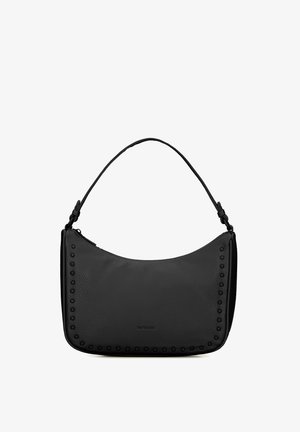 Sac à épaule en cuir noir de forme rectangulaire arrondie, bordure cloutée, et poignée courte.