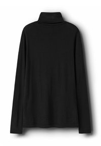 Maglietta nera a maniche lunghe con collo alto e una texture morbida. Presenta un collo aderente e un design semplice. Nessun motivo visibile o dettagli in metallo.