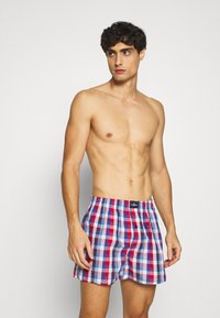 Boxers à carreaux en bleu, rouge et blanc, dotés d'une taille élastique et d'une braguette à un bouton pour un ajustement et un confort optimaux.