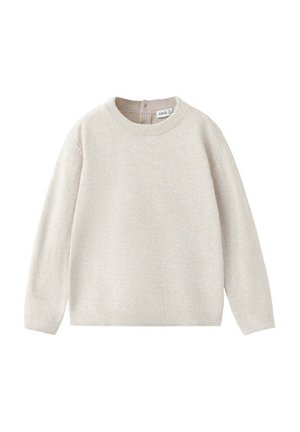 Light beige long-sleeve knit sweater with crew neckline and ribbed cuffs and hem, displayed flat on white background.