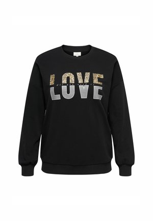 Sweatshirt noir avec le texte "LOVE" en lettres majuscules, moitié supérieure imprimée léopard, moitié inférieure grise, et un petit texte en cursive entre les deux.