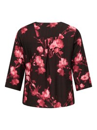 Black blouse with a floral pattern in shades of pink. Features a relaxed fit and three-quarter sleeves. Textured fabric with a smooth finish.