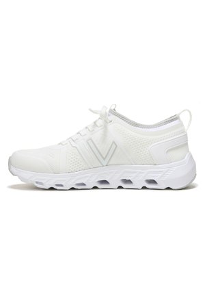 White athletic shoe with mesh upper, lace closure, and rubber sole. Features textured panels and a reinforced heel cap.