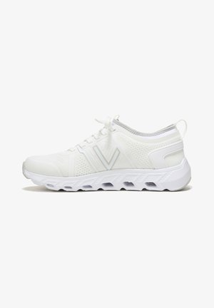 Weißer Sportschuh mit Obermaterial aus Mesh, Schnürverschluss und Gummisohle. Verfügt über strukturierte Einsätze und eine verstärkte Fersenkappe.