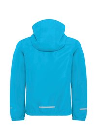 Φωτεινό μπλε αδιάβροχο μπουφάν με κουκούλα, ελαστικά μανίκια και αντανακλαστικές λωρίδες στο πίσω μέρος και στα μανίκια για ορατότητα.