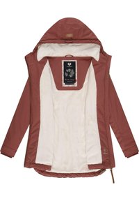 Roze kleurige buitenlaag jas met een zachte, witte fleece voering; voorzien van een capuchon, ritssluiting en een decoratief label aan de binnenkant.