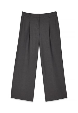 Gray wide-leg trousers with pleats, crafted from smooth fabric. Features a tailored waistband and no visible pockets or embellishments.