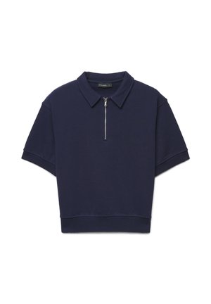 Polo blu navy a maniche corte con mezza zip frontale e colletto piegato, mostrato su sfondo bianco.