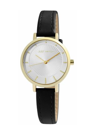 Gold round wristwatch with white textured dial, gold hour markers and hands, black leather strap, and "JUST WATCH" logo on the face.