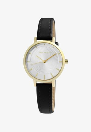 Gold round wristwatch with white textured dial, gold hour markers and hands, black leather strap, and "JUST WATCH" logo on the face.