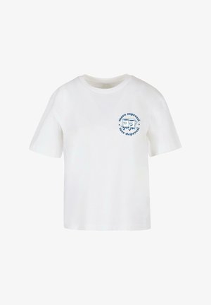 Valkoinen puuvillainen T-paita lyhyillä hihoilla, pyöreällä kauluksella ja sinisellä graafisella painatuksella, jossa on kaksi sarjakuvahahmoa ja teksti "enemmän espressoa, vähemmän masennusta".