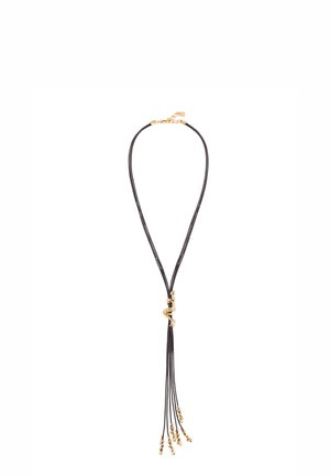 Collier en cuir noir avec un accent doré, présentant un design fin et plusieurs brins se terminant par de petites perles dorées.