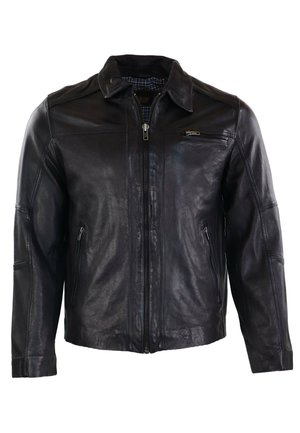 Veste en cuir noir avec fermeture éclair à l'avant, col pointu et deux poches latérales. L'intérieur est doublé d'un tissu à carreaux contrastant.