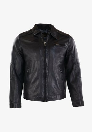 Veste en cuir noir avec fermeture éclair à l'avant, col pointu et deux poches latérales. L'intérieur est doublé d'un tissu à carreaux contrastant.
