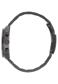 Fekete, matt felületű karóra, kerek tokkal, két gombbal és téglalap alakú láncszemekből álló link karkötővel.