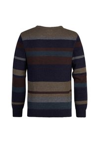 Pulover închis din tricot, cu dungi orizontale în nuanțe de bleumarin, gri, maro și teal. Guler și manșete ribbate, cu o finisare subtilă texturată.