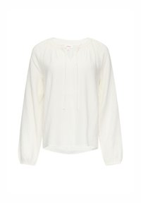 Blouse blanche à manches longues en tissu texturé et froissé. Dotée d'un décolleté en V et d'un détail à lacer, avec des poignets élastiques et une coupe décontractée.