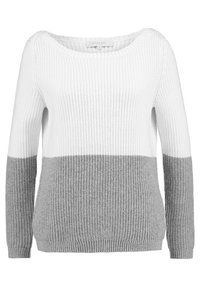 Sweter dziany z szerokim dekoltem, z wzorem color-block w bieli i jasnej szarości. Teksturowany prążkowany wzór i długie rękawy.