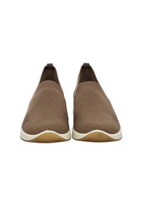 Pair of brown knitted slip-on shoes with white soles, viewed from the front on a white background.