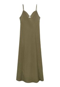 Olivově zelené, bezrukávové šaty s přiléhavým korzetem a rozšířenou sukní. Mají tenké ramínka a mírný V-výstřih s výřezem uprostřed.