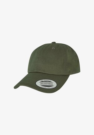 Oliven grøn baseball cap med buet skygge, justerbar rem og vævet tekstur. Har et mærke med teksten "The Authentic Yupoong."