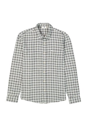 Camisa de manga larga a cuadros, elaborada con tejido ligero, con rayas verdes, marinas y blancas, cierre de botones en la parte delantera y bolsillo en el pecho.