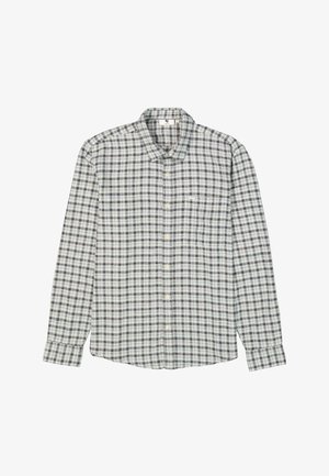 Chemise à manches longues à carreaux en tissu léger, avec des rayures vertes, bleu marine et blanches, fermeture à boutons à l'avant et poche poitrine.