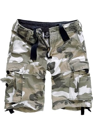 Camouflage cargo shorts in greens and whites, featuring multiple pockets, a zip fly, and black drawstring accents. Cotton fabric with a relaxed fit.
