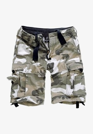 Kamuflažne cargo kratke hlače v zelenih in belih odtenkih, ki vsebujejo več žepov, zadrgo in črne vrvice. Bombažna tkanina z udobnim krojem.
