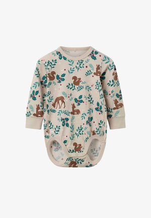 Bodysuit à manches longues pour bébé en beige clair, avec un imprimé intégral de écureuils, cerfs et feuilles en vert et rouge. Fermeture pressionnée en bas.