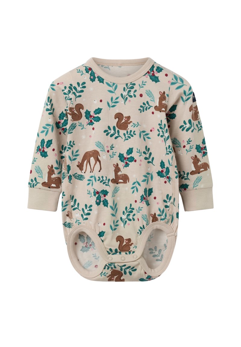 Pitkähihaisessa vauvan bodysuitissa vaaleassa beigessä on kaikkialla oleva printti oravista, hirvistä ja lehdistä vihreänä ja punaisena. Napitus alaosassa.