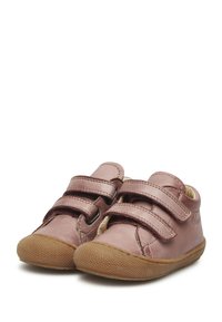 Scarpe in pelle rosa con due strappi in Velcro, suola in gomma, punta arrotondata e fodera morbida. Adatte per bambini e bambini piccoli.
