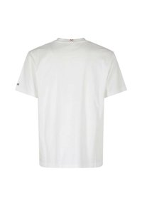 T-shirt bianca in cotone con scollatura tonda, maniche corte e design del retro semplice. Presenta un piccolo logo sulla manica sinistra.