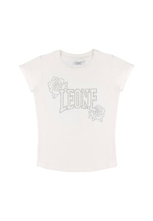 T-shirt blanc à manches courtes, avec un logo LEONE façon strass et des motifs de roses sur le devant.