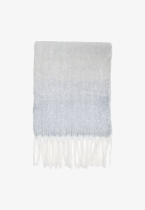 Écharpe douce en tissu tissé avec un dégradé allant du gris clair au bleu pâle, avec des franges blanches torsadées aux extrémités.