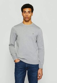 Light grey long-sleeve sweater with a round neckline, made from soft fabric, featuring a small logo accent on the chest. Worn with blue jeans.