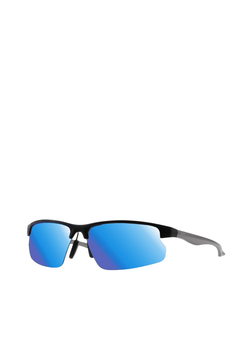 Occhiali da sole con montatura nera opaca e lenti blu specchiate. Il design presenta una forma avvolgente, con punte dei templi flessibili grigie.