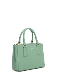 Borsa strutturata verde menta con doppie maniglie superiori e dettagli in oro. Materiale testurizzato con chiusura a zip. Forma compatta e rettangolare.