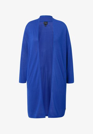 Offene Frontstrickjacke in lebhaftem Blau, aus leichtem Stoff mit subtiler Glanzoptik. Mit Dreiviertelärmeln und seitlichen Taschen.