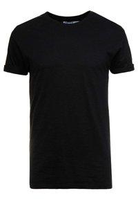 Czarna krótka koszulka z bawełny, z okrągłym dekoltem i podwiniętymi rękawami. Gładka faktura o klasycznym kroju.