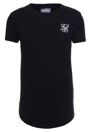 Sort T-shirt med korte ærmer og rund hals, med hvidt broderet logo på venstre bryst og afrundet kant.