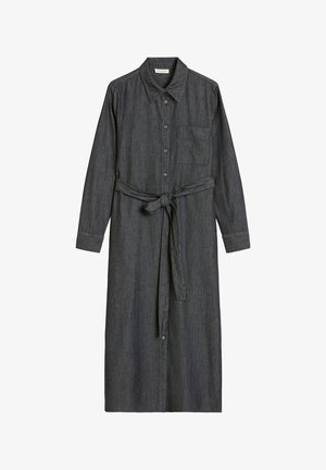 Dunkelgraues Hemdkleid mit langen Ärmeln aus denimähnlichem Stoff. Verfügt über einen Kragen, durchgehende Knopfleiste, Brusttasche und einen Taillengürtel zum Binden.