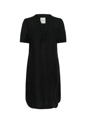 Melnas lina kleitas ar īsām piedurknēm, V veida dekoltē un sānu kabatām. Ir brīvs griezums un nedaudz izliekta apakšmalā.