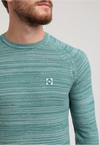 Maglione a girocollo color verde acqua chiaro con righe orizzontali, collo a costine e una piccola toppa con logo sul petto. Realizzato in tessuto dalla trama strutturata.